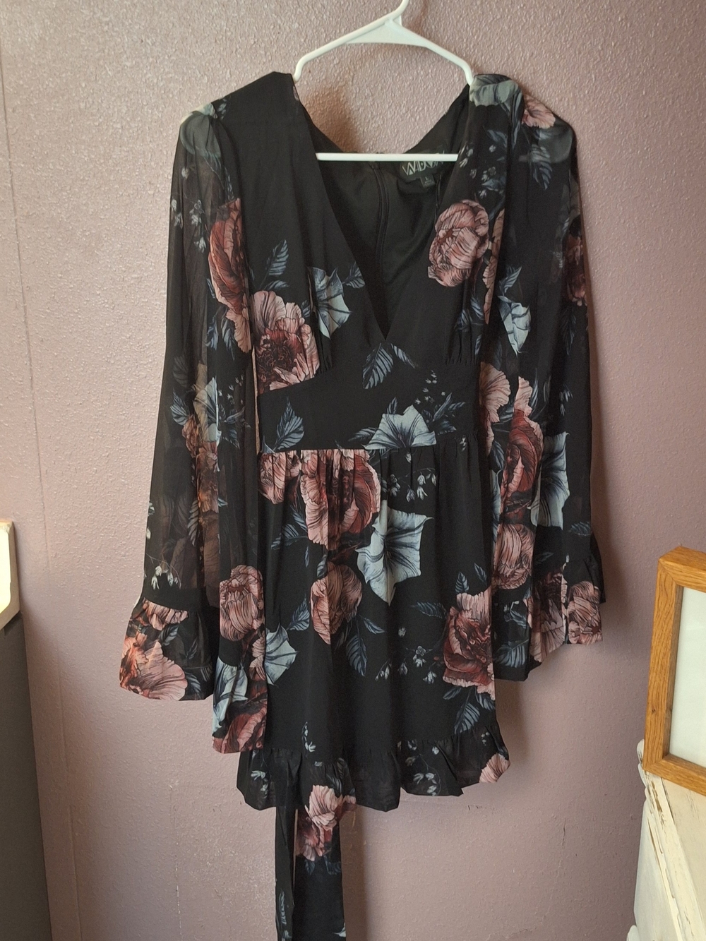 Dolls Kill Black Floral V-Neck Long Sleeve Tunic Romper